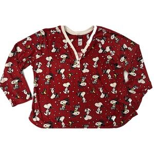 Peanuts Women's Snoopy Christmas Henley Sleepshirt 3X (22W-24W) Red V-Neck Polys